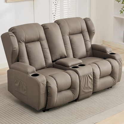 Loveseat Recliner Sofa,RV Wall Hugger Recliners with Console,Reclining Loveseat Sofa Recliner with Cup Holders/Lumbar Pillows for Small Spaces,RV Furniture (Khaki,66" 2-Seater) - color: Khaki, size: 66" 2-Seater