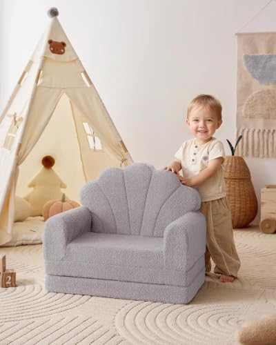 Blissful Diary Kids Couch, 2-in-1 Soft Kids Sofa, Kids Sofa Chair, Comfy Kids Furniture for Playroom, Reading & Play, Shell Gray - color: Shell Gray