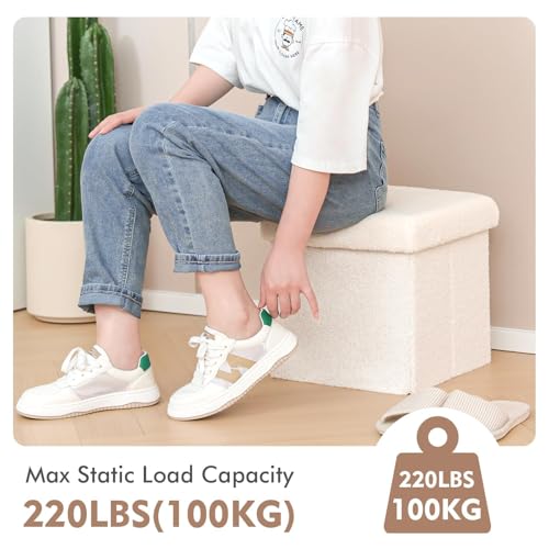 B FSOBEIIALEO Small Storage Ottoman Cube Sherpa Ottomans Foot Rest, Foldable Boucle Ottoman, Faux Teddy Fur, Cream White 12.6"x12.6"x12.6" - color: White, size: 12.6"D x 12.6"W x 12.6"H