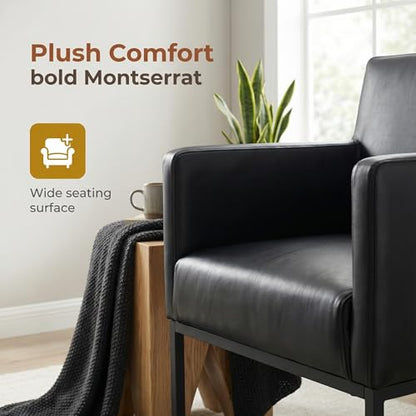 Faux Leather Upholstered Dining Chairs with Arms Set of 2, Mid Century Modern Padded Kitchen Chair with Black Metal Frame for Restaurant, Dining Room, Black - color: Black