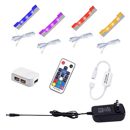 AIBOO LED Under Cabinet Night Lights Kit for Glass Edge Shelf Back Side Lighting Using Flexible Cable and Clip with RF Remote(4 Lights,RGB)