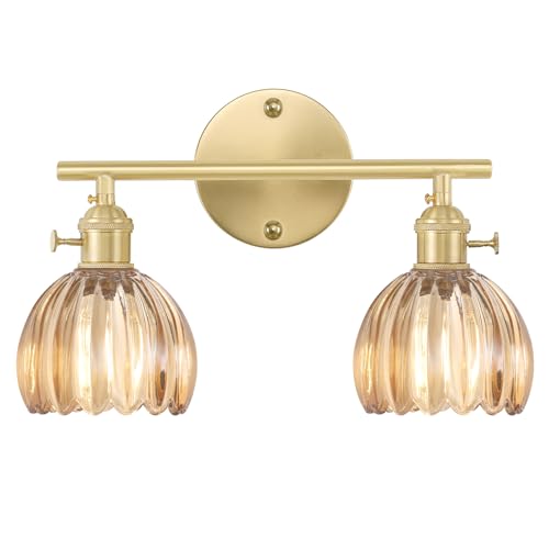 Shenmoyl Bathroom Light Fixtures, 2-Light Brass Vanity wall Light Over Mirror with Amber Tulip Glass Shade for Bedroom Living Room (Bulb Not Included) - color: Yellow Gold Base-Amber, size: 2-light