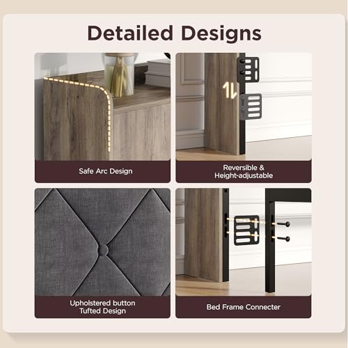 Maupvit Headboard for Queen Size Bed with Storage, Upholstered Headboard Only, Wood Head Board with Charging Station and Led Light, Height-Adjustable, Hidden and Open Storage, Rustic Grey