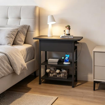 WLIVE 3-Tier End Table with Charging Station Flip Top Narrow Nightstand | 2 USB Ports+2 AC Outlets; Flip Top Hidden Storage; 2 Open Shelves; Small Space Living Room Bedroom; Sturdy Carbon Steel Frame - color: Black