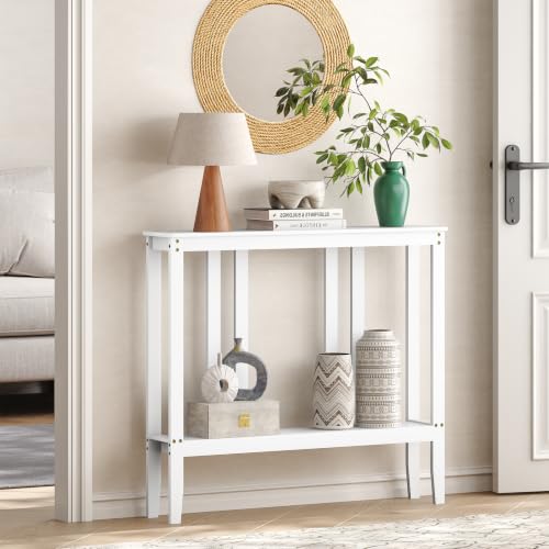 ELYKEN Bamboo 2-Tier Narrow Console Table, 36.2" Long Slim Hallway Table | Sofa Table Behind Couch with Storage Shelf for Entryway, Living Room, Foyer - color: White