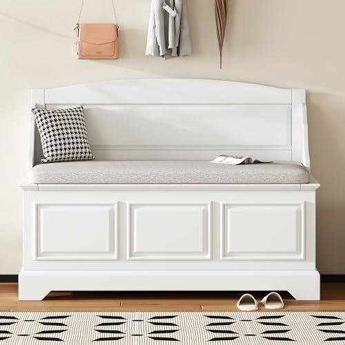 LUMISOL Shoe Storage Bench with Seating, 41.7” Farmhouse Entryway Bench with Cushion and Hidden Storage, Upholstered Storage Ottoman for Living Room, Entryway, Bedroom, White - color: White, size: 41.7"L x 17.9"W x 30.1"H