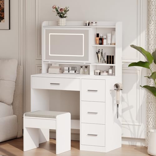 Viaozutis Vanity Desk with a Mirror and Lights，with Chair and Four Drawers, Three Adjustable Lighting Modes，with Power Outlet and Sliding LED Mirror,Bedroom Vanity Desk (White) - style: White