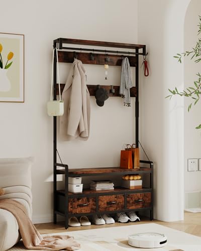 Hall Tree with Bench and Shoe Storage, Freestanding Entryway Coat Rack with 3 Fabric Drawers, 16 Hooks
