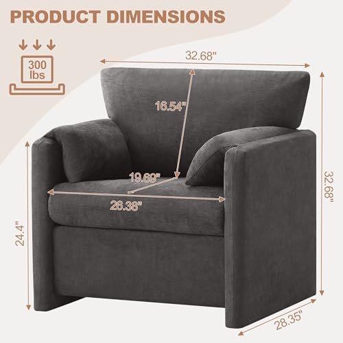 Oversized Accent Chair for Living Room, Large Modern Armchair with Deep Seat, Mid-Century Comfy Reading Chair with Padded Arms, Chenille Single Sofa Chairs for Bedroom, Dark Grey, Regular, 1PC - color: Dark Grey, size: Regular