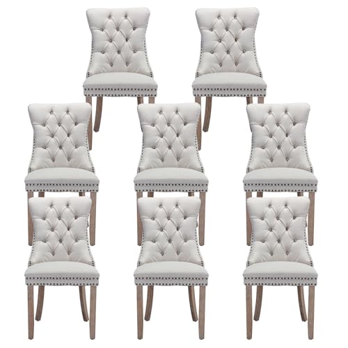 Linen Upholstered Dining Chairs Set of 8, Modern Style Kitchen Side Chairs with Nailhead Trim and Wood Leg, Metal Pulling Ring for Dining Room Living Room - color: Beige-linen, size: Set of 8