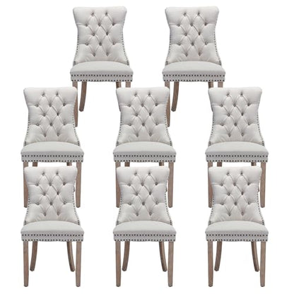 Linen Upholstered Dining Chairs Set of 8, Modern Style Kitchen Side Chairs with Nailhead Trim and Wood Leg, Metal Pulling Ring for Dining Room Living Room - color: Beige-linen, size: Set of 8