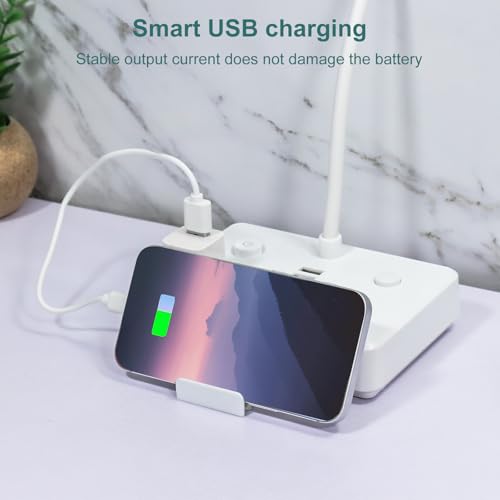 LED Desk Lamp with 2 USB Charging Port and 4 AC Power Outlet - 3 Lighting Modes, Adjustable Gooseneck, Eye-Caring Small White Table Lamp for Home Office College Dorm Room Essentials