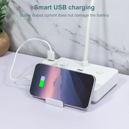 LED Desk Lamp with 2 USB Charging Port and 4 AC Power Outlet - 3 Lighting Modes, Adjustable Gooseneck, Eye-Caring Small White Table Lamp for Home Office College Dorm Room Essentials