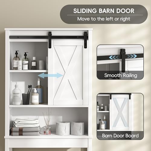 Xilingol Over The Toilet Storage Cabinet, Farmhouse Bathroom Storage Cabinet with Sliding Doors and Adjustable Shelf, Space-Saving Over Toilet Storage, White