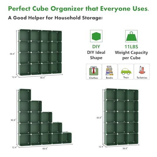 C&AHOME 16 Cube Storage Organizer Cube Shelf Units Storage Cubes, Green | Plastic DIY Closet Organizer, Stackble Modular Closet Storage Shelves Ideal for Home, Bedroom, 48.4" L × 12.4" W × 48.4" H - color: Green