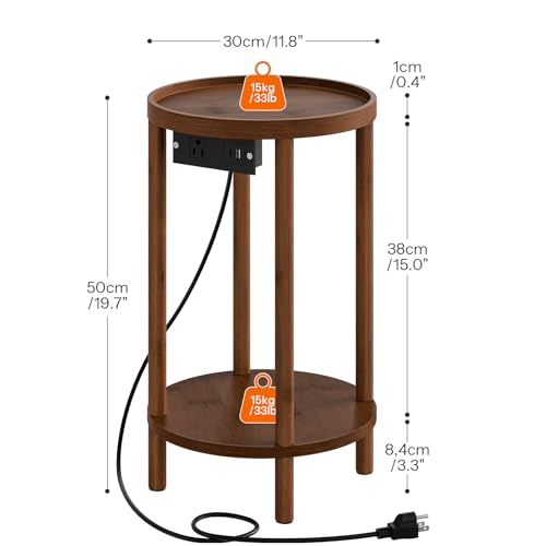 HOOBRO Small Round Side Table with Charging Station, 2-Tier Round Bamboo End Table, Compact Sofa Bedside Table for Small Space, Easy Assembly, for Living Room, Bedroom, Apartment, Mocha MA156UBZ01 - color: Mocha