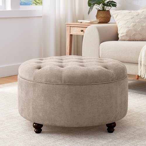 HUIMO 30-Inch Round Storage Ottoman, Button Tufted Coffee Table(Brown) | Ottoman Coffee Table with Removable Top, Upholstered Ottoman with Storage, Footrest Stool for Living Room, Bedroom and Office - color: Brown