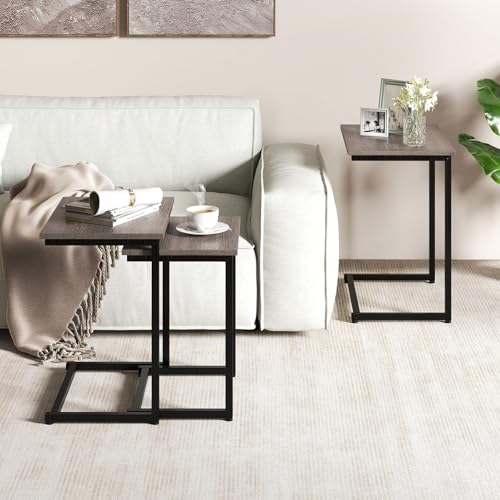 GOFLAME Nesting Coffee Tables Set of 3, Rectangular Nesting Center Table with Wood Grain Top & Metal Frame, Modern C-Shaped Nested Side Table Set for Living Room, Bedroom, Black & Oak - color: Black & Oak