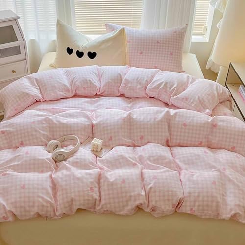 Faincy Full Comforter Set, Pink and White Grid Heart Plaid Buffalo Check Gingham Pattern Printed Comforter, Soft Microfiber Duvet Cottage Preppy Decor Bedding in a Bag for Women Men, Size 80 x90 3PC - color: Pink and White Grid Comforter Set, size: Full