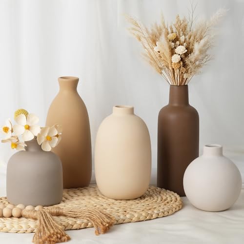 Modern Ceramic Vase Set of 5, Vases Home Decor Rustic Farmhouse Decorative | Vase Pottery Vases for Bouquet Pampas Grass Dried Fresh Flowers, Table Living Room Kitchen Bedroom - color: 5 Pack-soft Tones