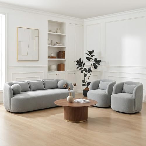 KINWELL 85" Boucle Upholstered Sofa with 2 Swivel Barrel Chairs, Grey | No Assembly Sherpa Living Room Furniture Sets, 3-Seater Couch Settee and Accent Chairs Armchairs for Small Spaces Apartment - color: Ash Grey, size: Sofa + 2 Chairs
