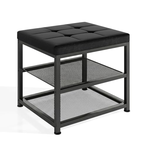 Small Shoe Storage Bench with PU Leather Seat Cushion, 3-Tier Freestanding Shoe Rack Organizer for Entryway, Heavy-Duty Metal Mesh Shelves, Supports Up to 300 lbs, Black (15.7"x11.4"x17.5") - color: Black, size: 15.7"L