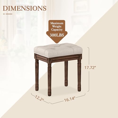 LUE BONA Upholstered Fabric Vanity Bench Seat, Makeup Stools for Vanity, Square Tufted Ottoman Bench with Carved Dark Brown Legs for Bedroom Living Room, Linen Color - color: Linen and Dark Brown