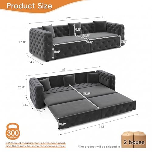 89" 4-Seater Queen Size Pull Out Sofa Bed with 3 Pillows, Gray | 4-Seater Classic Velvet Sofa with Tufted Design,3 Pillows,89" Extra Large 3-in-1 Pull Out Sofa - color: Q-dark Gray-w02