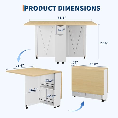 Folding Dining Table with 6 Wheels – Drop Leaf, Drawer & Storage Shelf – Modern Space-Saving Kitchen & Restaurant Furniture for Apartments