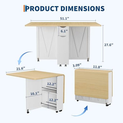 Folding Dining Table with 6 Wheels – Drop Leaf, Drawer & Storage Shelf – Modern Space-Saving Kitchen & Restaurant Furniture for Apartments