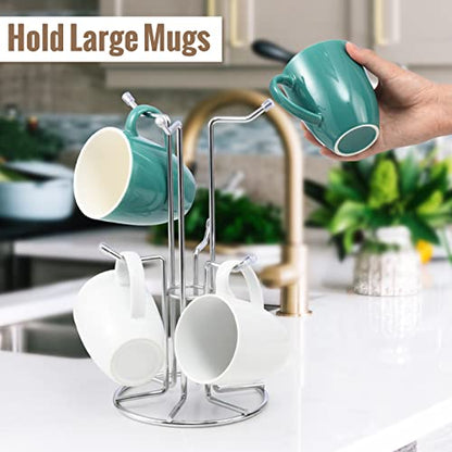 HULISEN Mug Tree for Large Cup, 6 Hook Countertop Coffee Mug Holder, Silver | Cup Rack for Counter, Stable Wide Base, Metal Stand for Kitchen Coffee Bar Display, Space-Saving, No Assembly Required - color: Silver