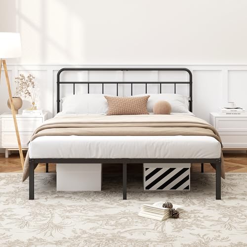 Kujielan 12 inches Queen Size Bed Frame with Minimalist Headboard, Black | Metal Platform Base with Strong Metal Slats,Mattress Foundation for Under Bed Storage,Easy Assembly - size: Queen