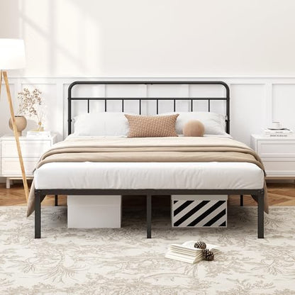 Kujielan 12 inches Queen Size Bed Frame with Minimalist Headboard, Black | Metal Platform Base with Strong Metal Slats,Mattress Foundation for Under Bed Storage,Easy Assembly - size: Queen