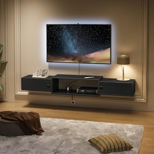 HOOBRO 55" Floating TV Stand with Power Outlets, Modern Wall Mounted Media Console Shelf with Doors, Entertainment Center for Under TV Storage, for Living Room, Bedroom, Black BK11UDS01 - color: Black
