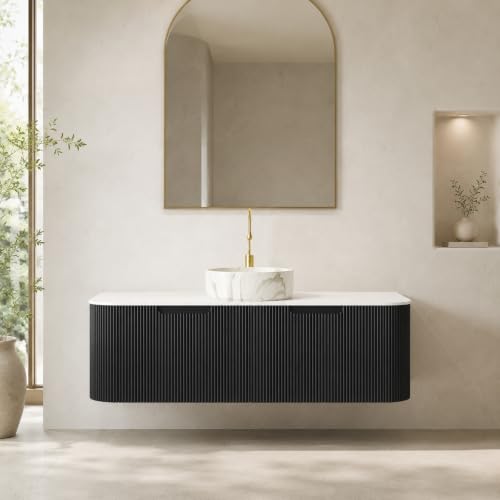 48" Floating Bathroom Vanity with Sink, Wall Mounted Plywood Cabinet, Black Fluted Front, Sintered Stone Countertop, White Marble-Look Ceramic Vessel Sink, Soft-Close Drawer, Pre-Assembled - color: Black Cabinet / White Marble Sink, size: 48 Inch