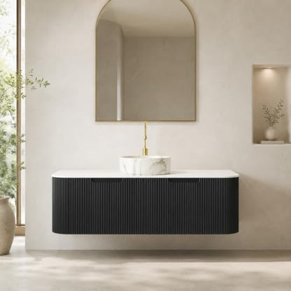 48" Floating Bathroom Vanity with Sink, Wall Mounted Plywood Cabinet, Black Fluted Front, Sintered Stone Countertop, White Marble-Look Ceramic Vessel Sink, Soft-Close Drawer, Pre-Assembled - color: Black Cabinet / White Marble Sink, size: 48 Inch