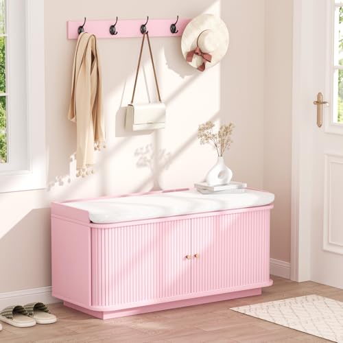 Hall Tree with Bench and Shoe Storage, Entryway Bench with Sliding Door Cabinet, Removable Padded, Metal Wall Hooks and Adjustable Storage Compartments, for Entry, Hallway, Living Room, Pink - color: Pink
