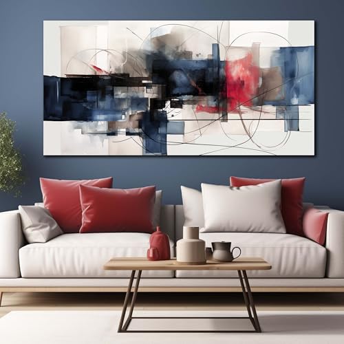 Fuwobriva Abstract Canvas Wall Art for Living Room Bedroom Office Large Wall Art Decor Abstract Wall Art Modern Black Red and Blue Geometry Painting Artwork 29"x58" - size: 29L" x 58W"