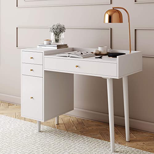 Nathan James Daisy Vanity Dressing Table or Makeup Desk with 4-Drawers and Brass Accent Knobs, White Wood - color: White