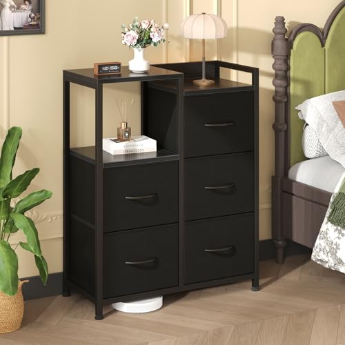 OLIXIS Fabric Dresser, 5 Drawer Storage Tower with Open Shelf, Black | Fabric Storage Dresser Features 5 Drawers, Open Shelf and Side Cabinet, Organizer for Bedroom, Closet, Hallway & Entryway - color: Black
