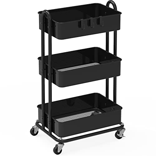 Simple Houseware 3-Tier Heavy Duty Metal Utility Rolling Cart, Black - color: Black