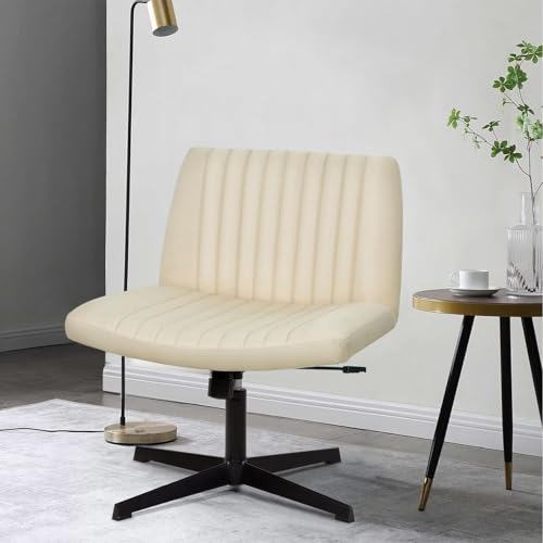 Criss Cross Chair, Armless Cross Legged Office Chair, Comfortable Vanity Chair with Back, Fabric Adjustable Wide Swivel Criss Cross Desk Chair for Home Office, Beige - color: Beige
