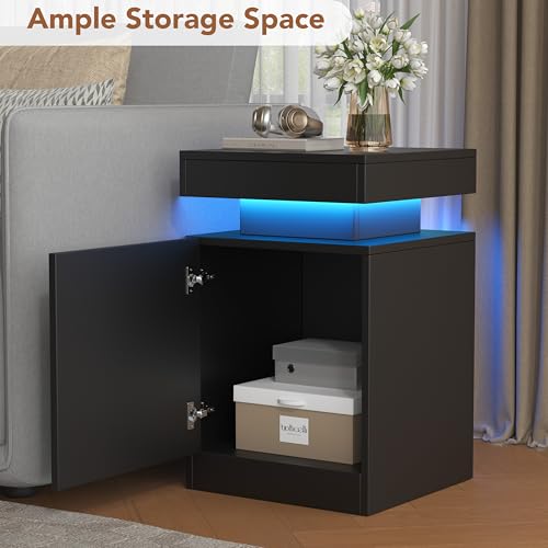 Nightstands Set 2, 15 Inches LED Night Stand Set of 2, Modern Bedside Table with LED Lights, High Gloss Surface, End Table with Storage for Bedroom, Black - color: Black-15"