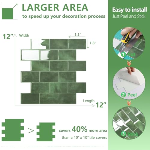 STICKGOO Subway Tile Peel and Stick Backsplash, Thicker Design 12" x 12" Stick on Backsplash Tiles for Kitchen, Bathroom, Wall Tile (10 Sheets, Sage Green) - color: Sage Green