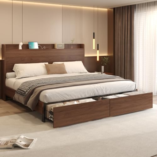 King Size Bed Frame with Storage Headboard & 2 Drawers, Mid-Century Modern Platform Bed with Charging Station & Shelf, Wooden Slat Support, No Box Spring Needed (King (U.S. Standard)) - size: King (U.S. Standard)