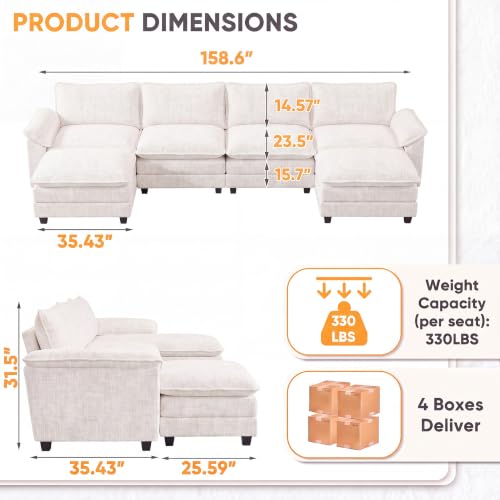 Homall 158.6" U-Shaped Cloud Couch, Modular Sectional Sofa for Living Room | Soft Chenille, 2 Movable Ottoman, Double Layer Cushion, 4 Seat, Sturdy Frame, High-Density Foam, Easy Assembly, White - color: White, size: U Shaped Sofa