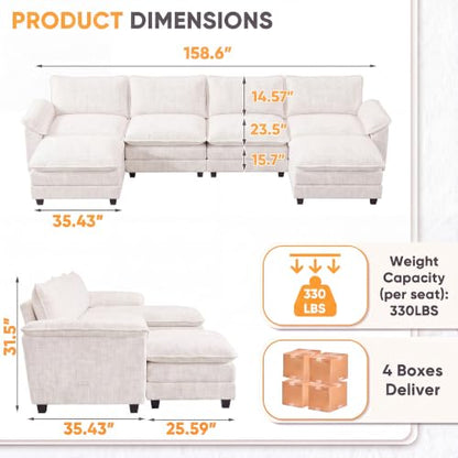 Homall 158.6" U-Shaped Cloud Couch, Modular Sectional Sofa for Living Room | Soft Chenille, 2 Movable Ottoman, Double Layer Cushion, 4 Seat, Sturdy Frame, High-Density Foam, Easy Assembly, White - color: White, size: U Shaped Sofa