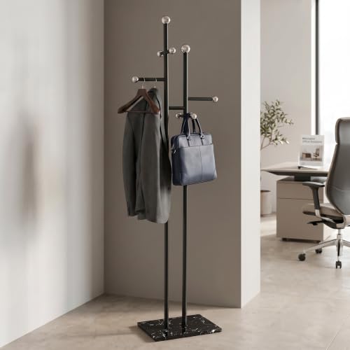 Heavy Duty Office Coat Rack Freestanding, Marble Base Metal | 1.0mm thickened iron tree with 8 stainless steel hooks. Anti-toppling heavy marble base for modern office & reception. - color: black