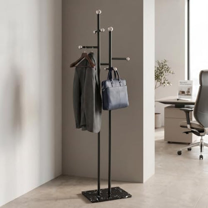 Heavy Duty Office Coat Rack Freestanding, Marble Base Metal | 1.0mm thickened iron tree with 8 stainless steel hooks. Anti-toppling heavy marble base for modern office & reception. - color: black