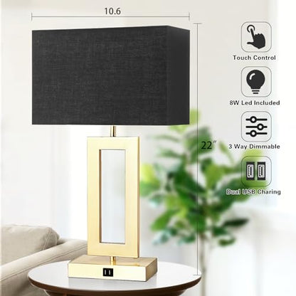 gernehop Black Table Lamps Set of 2 with Dual USB Ports,3-Way Dimmable Touch Control Bedside Lamps,22inch Tall Modern Bedroom Table Lamp for Living Room,Nightstand LED Bulbs Included - color: 22Inch Black&Gold